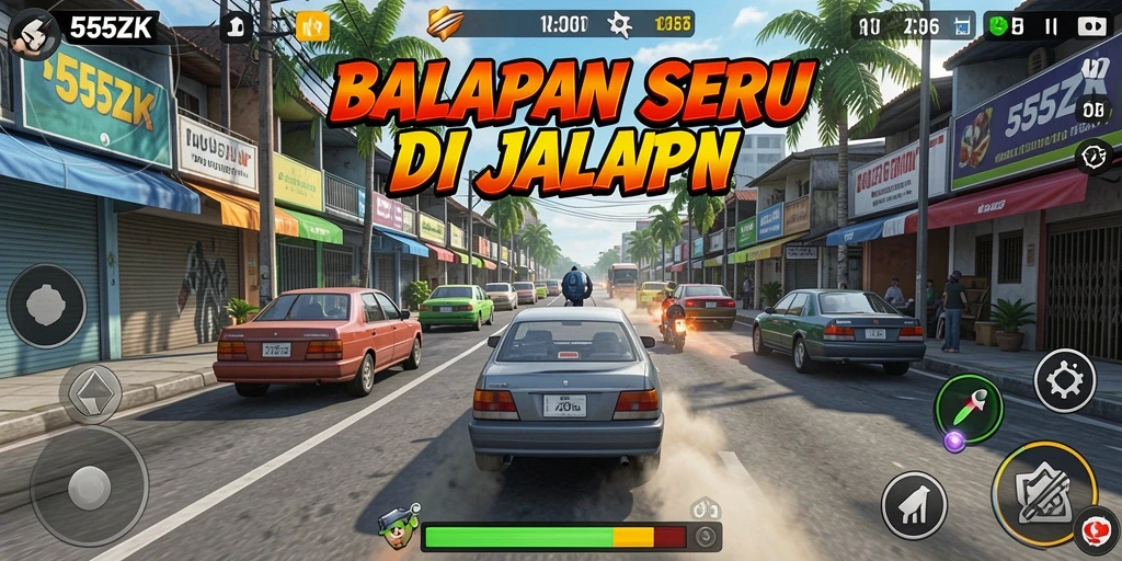 Gameplay seru balapan di 555ZK dengan kendaraan kecepatan tinggi.
