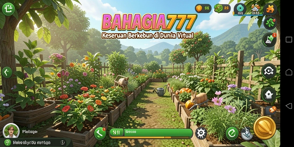 Screenshot gameplay BAHAGIA777 menunjukkan ladang yang subur dan tanaman yang tumbuh.