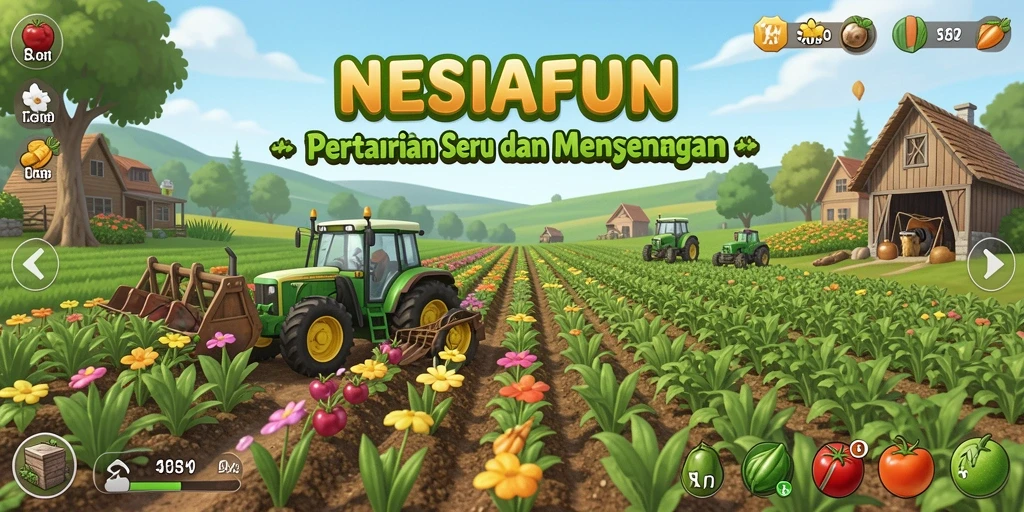 Screenshot gameplay NESIAFUN menunjukkan suasana pertanian yang ceria dan aktif.
