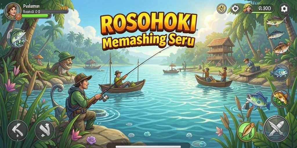 Screenshot gameplay ROSOHOKI dengan aktivitas memancing yang seru.