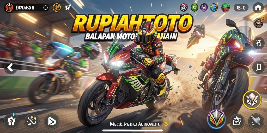 Tampilan gameplay RUPIAHTOTO saat balapan motor di trek yang menantang.